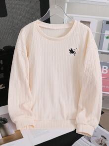 SHEIN 女童休閒圖案復古韓風拼接白色蕾絲刺繡領口衛衣，喇叭蕾絲袖口，適合校園、教師節、秋季 - 米色 - 查看 3