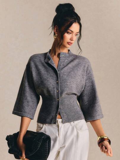 Poéselle Women's Chic Button-Up Knit Cardigan For Women – Cropped Ribbed Sweater Top, Stylish 3/4 Sleeve Lightweight Layer Fall/Winter Casual Outfit Going Out