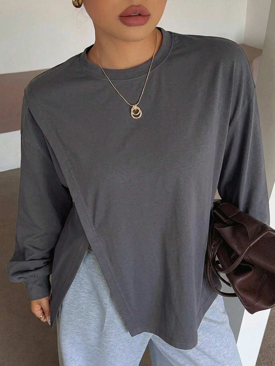Dazy Plus White Round Neck Solid Color Casual Versatile Side Slit Design Long Sleeve T-Shirt For Spring Summer Autumn Oversized Tshirts For Women