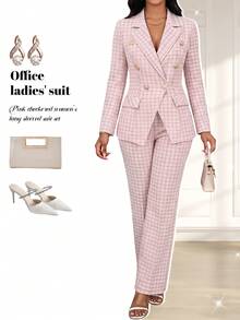 Fleurora Women's Plaid Lapel Neck Long Sleeve Double-Breasted Jacket And Pants Elegant Casual Suit Set Office Business Dinner Pink Check Work Outfits For Women - Baby Pink - View 7
