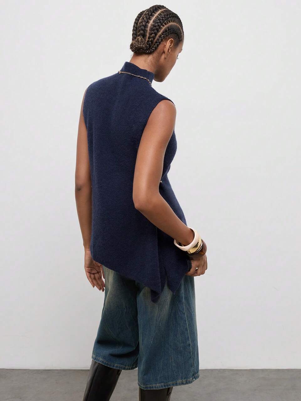 SHEIN Maija Navy Blue Women's Sleeveless Mock Neck Sweater With Side Seam Metal Decoration Travel Vacation Summer Elegant Minimalist