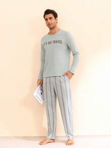 Manfinity Underwear&Sleepwear Basics 男士字母印花長袖上衣與長褲休閒居家服套裝 - 薄荷綠 - 查看 6
