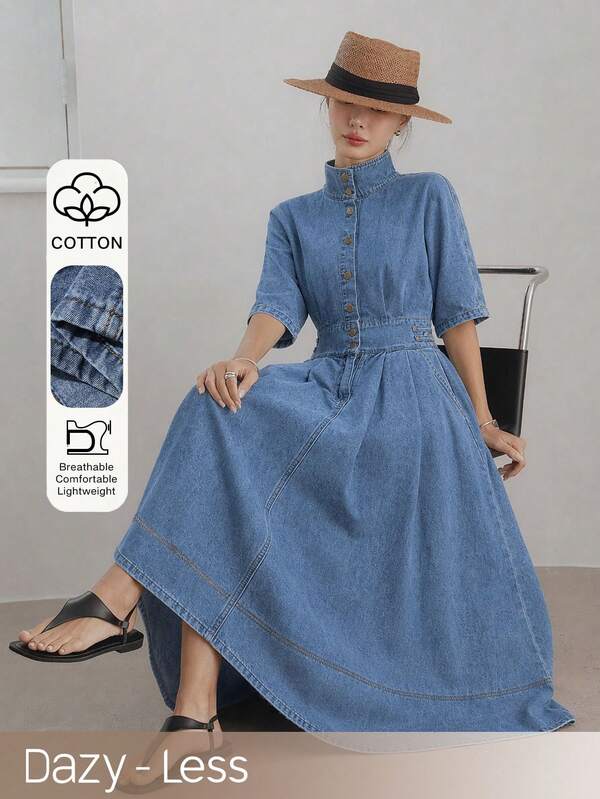 Dazy-Less Women's Light Blue Solid Color Cotton Denim Dress With Stand Collar, Short Sleeve, Button Front, Cinched Waist And Full Skirt