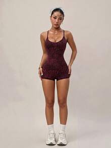 Slayform Slayform Seamless Knit Thin Cross Adjustable Strap Backless Leopard Print Women's Sports Romper Suitable For Yoga, Fitness, Weightlifting, Workout - Burgundy - View 6