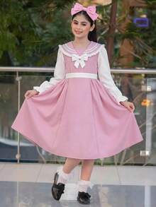 Tween Girl Colorblock Bow Decor Patchwork Ruffle Hem Long Sleeve Preppy Dress School Pinafore - Pink - View 6