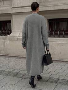 Women's Solid Color Dropped Shoulder Long Sleeve Long Cardigan And Stand Collar Knit Dress Set - Grey - View 2