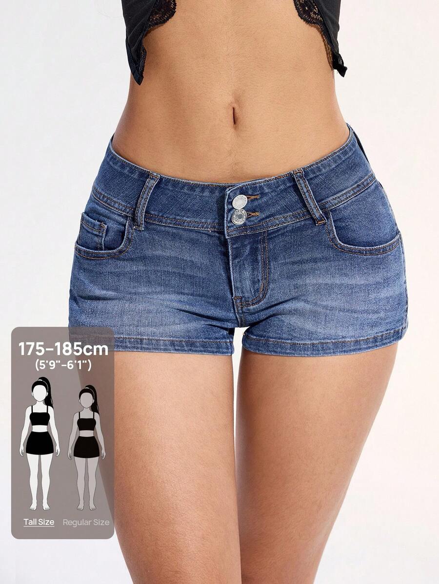 SHEIN Tall 低腰雙扣寬腰帶水洗迷你牛仔短褲,適合高個女性 - 深色水洗藍 - 查看 1