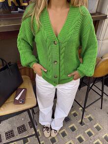 Women's Solid Color V-Neck Single-Breasted Casual Versatile Daily Long Sleeve Cardigan - Green - View 4