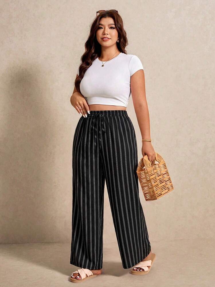 Elaquor Plus Size Women's Striped Casual Versatile Wide Leg Pants For Daily Wear - Coffee Brown - View 6