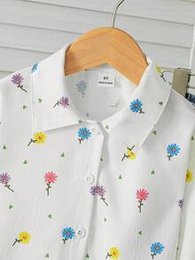 SHEIN 女童新款花卉印花襯衫，領口長袖寬鬆休閒上衣，適合日常、優雅、度假、通勤，清新風格 - 白色 - 查看 9