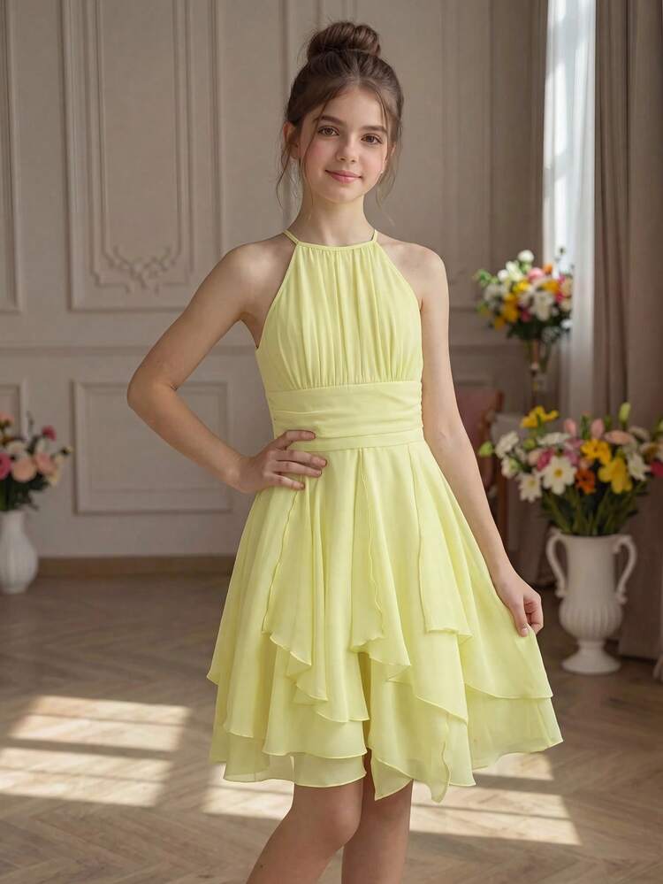 SHEIN Pitira Tween Girls Dresses Summer Sleeveless Halter Neck Ruched Waist, Asymmetrical Multi-Layer Ruffle Hem Dress, Elegant, Party Family Gathering, Graduation - Yellow - View 1
