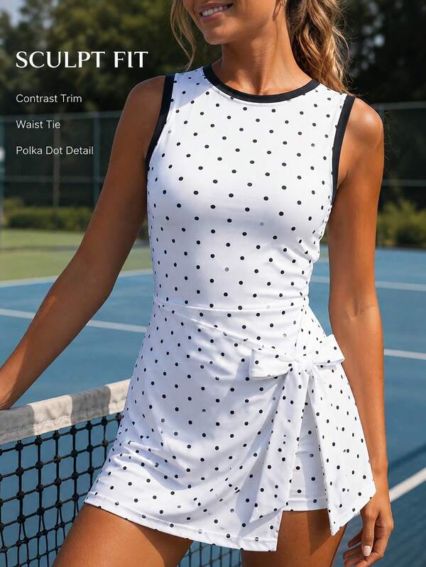 CourtClass CourtClass Women's Vintage Polka Dot Sleeveless Mini Dress Tie Waist Slim Fit Summer Vacation Dress
