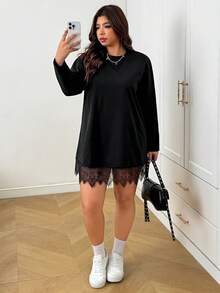 SHEIN EZwear Robe grande taille couleur unie avec patchwork en dentelle automne - Noir - Voir 5