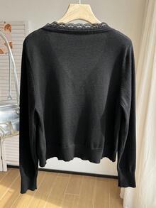 Comfortcana Autumn/Winter Sexy Deep V-Neck Solid Color Button Cardigan Plus Size - Black - View 2
