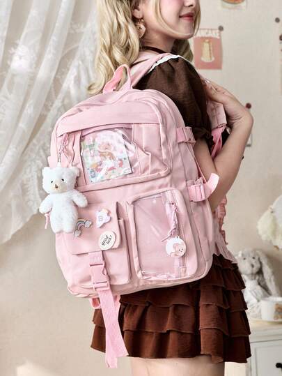 ROMWE Kawaii 2025 Cute Women's Backpack, Waterproof Multi-Pocket Nylon Student Backpack, Cute Laptop Notebook Bookbag For Girls ,Pink Bag