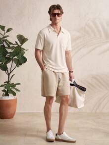 TONEVAULT Men's Casual Cute Solid Color Short Sleeve Polo Shirt For Daily Wear Vacation Beige Summer - Apricot - View 5