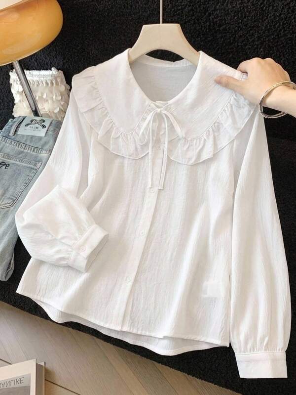 SHEIN قميص كاجوال متعدد الاستخدامات بأكمام طويلة وياقة بيتر بان منسوجة باللون الأبيض للفتيات المراهقات