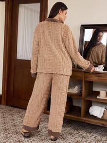Doze Lane Casual Colorblock Plush Open Front V-Neck Patch Pocket Long Sleeve Pants Plus Size Pajama Set - Multicolor - View 2