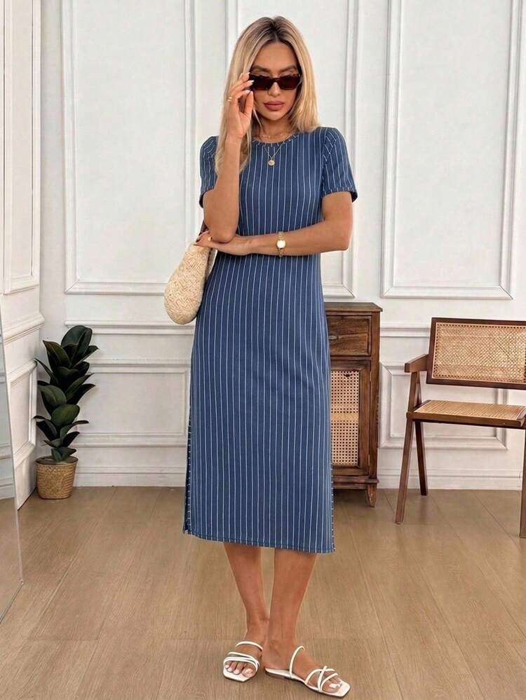 SHEIN LUNE Women's Minimalist Casual Daily Daytime Everyday Going Out Striped Round Neck Short Sleeve Side Slit Dress Navy Blue And White Summer - Multicolor - View 5