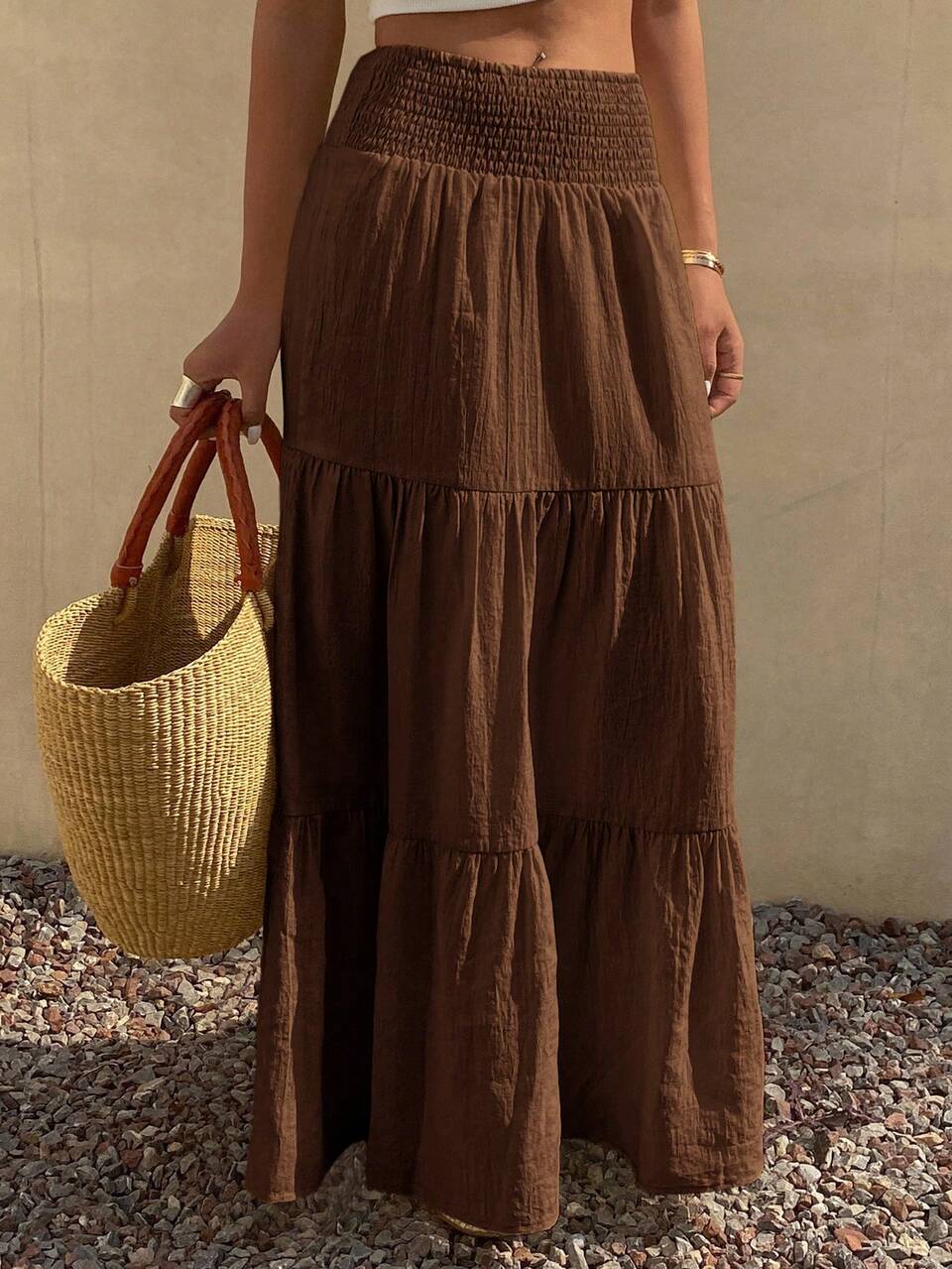Women's Long Bohemian Casual Beach Picnic Vacation Shirred Skirt With Adjustable Waist Vacation Brown Summer