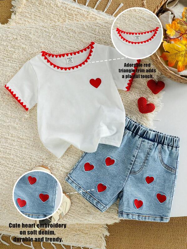 SHEIN Vintaside Kids Baby Girl Popular Heart Print T-Shirt With Contrast Trim Short Sleeve Top & Fashion Heart Embroidery Shorts Set