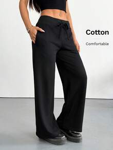 SHEIN PETITE Quần nỉ nữ ống rộng cạp thấp dệt kim trơn thoải mái phong cách thường ngày, dành cho nữ petite - màu đen - Xem 4