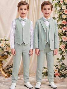 SHEIN 3件組兒童青少年男孩春夏秋冬適用 學院風可愛休閒綠色西裝外套馬甲休閒長褲紳士套裝 適合生日派對、正式褲裝套裝、晚宴、表演、婚禮 - 薄荷綠 - 查看 6