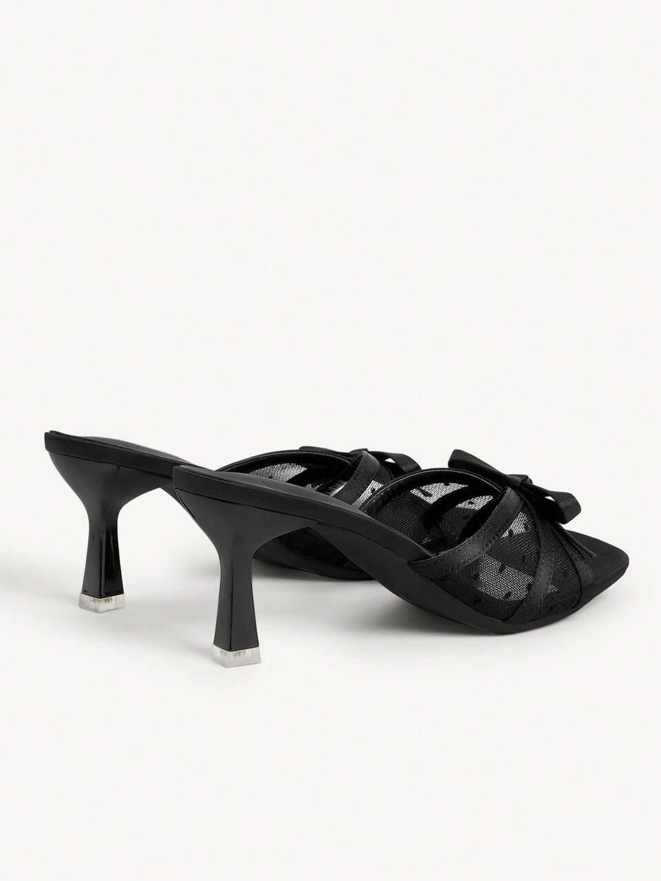 CUCCOO CHICEST Retro Polka Dot Square Toe High Heel Sandals, Black Mesh Bow Women's Summer Outer Wear