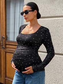 MaterniWear Maternity Fashion Versatile Polka Dot Print Ruched Long Sleeve T-Shirt Fall Social Blouse - Black - View 1