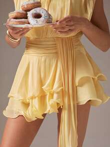 L'Amorae Women's Ruched Waist Tie Neck Sleeveless Mini Dress For Parties Silky, Elegant Vacation Wedding, Formal Dress, Chic, New Year, Party, Summer, Birthday - Yellow - View 5