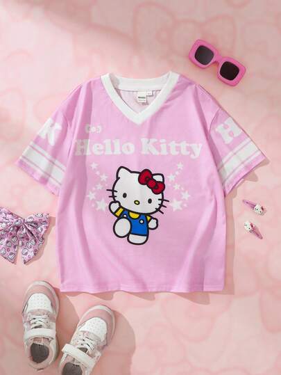 HELLO KITTY AND FRIENDS | SHEIN 青少年女孩字母卡通印花V領短袖T恤