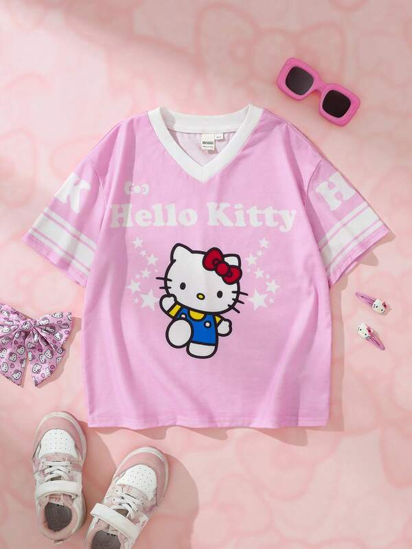 HELLO KITTY AND FRIENDS | SHEIN 青少年女孩字母卡通印花V領短袖T恤