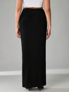 SHEIN Tall CURVE 大码女式休闲纯色长裙 - 黑色 - 查看 2