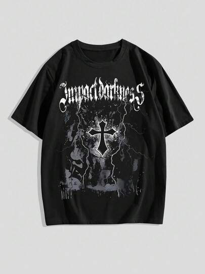 Street Life Teen Boy Summer Casual Cross & Letter Print T-Shirt