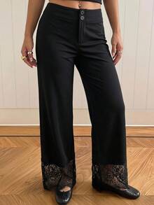 SHEIN EZwear 女款蕾絲拼接休閒百搭日常穿著長褲 - 黑色 - 查看 2