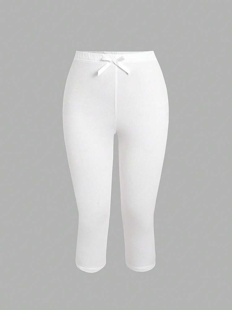 SHEIN Tween Girl Casual Basic Sports Home Fitted Wide Waistband Knit Solid Color High Elasticity Leggings Cycling Pants White Tween Girl Fall/Winter Outfits - White - View 2