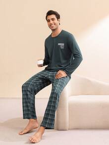 SHEIN Men's Casual Plaid Loungewear Set - Olive Green - View 3