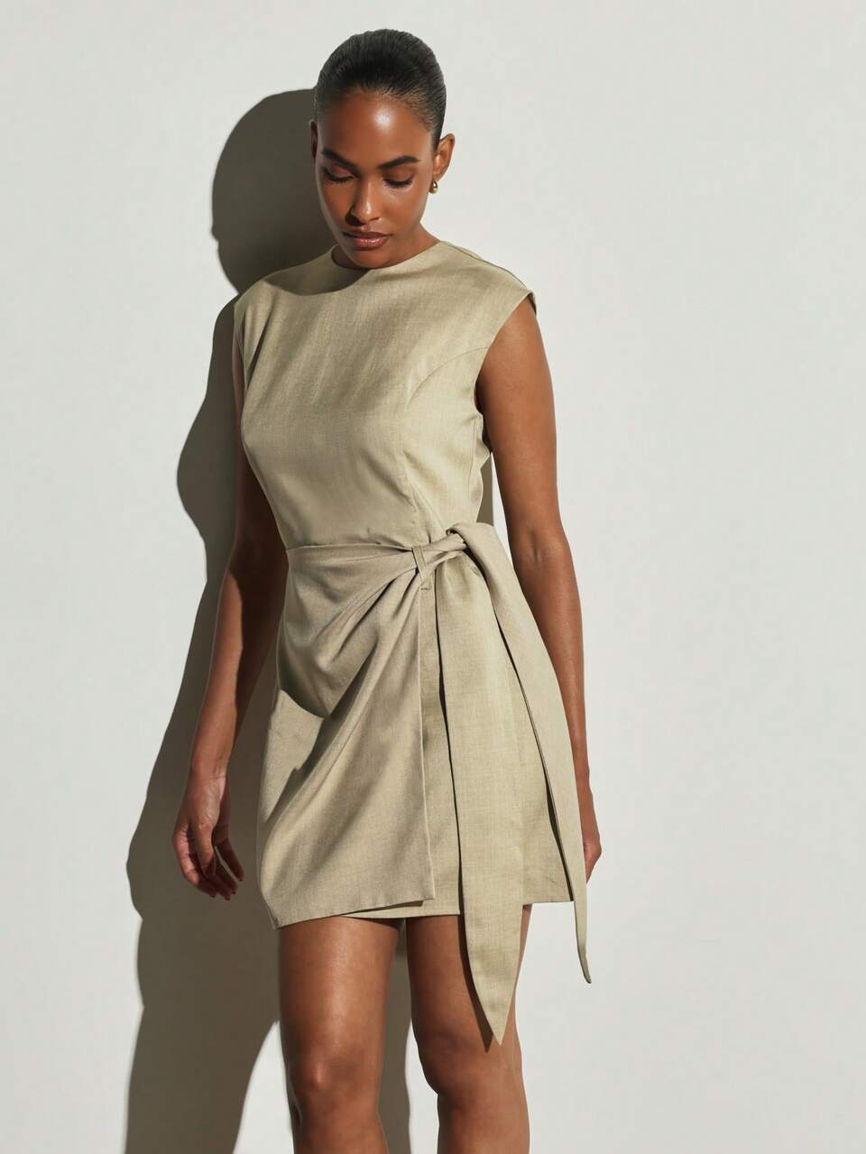 KSTM Khaki Wrap Mini Dress With Side Tie Detail Sleeveless Bodycon Fit Perfect For Party Evening Date Night Summer Elegant