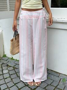 Sunnyshic Women's Spring/Summer Pink Striped Fabric Long Pants, Low Waist Side Tie Straight Leg Retro Casual Cute Vacation Beach Home Daily Versatile - Pink - View 3