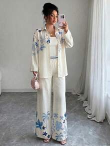 Modelyn 女士杏色梭织数码印花长袖休闲衬衫和直筒裤两件套，春夏款 - 藍色 - 查看 8