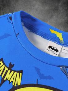 BATMAN X SHEIN 男婴时尚卡通蝙蝠图案针织圆领长袖上衣和裤子睡衣套装 - 藍色 - 查看 4