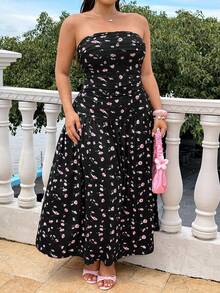 GalTyme Plus Size Women's Ditsy Floral Strapless Ruched Elegant Dress - Multicolor - View 3
