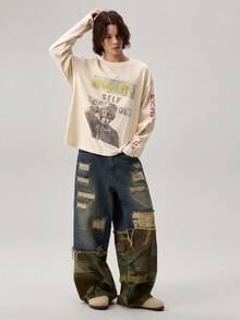 Jeans de mezclilla holgados con estampado de camuflaje y desgastados para hombre - Azul - Ver 6