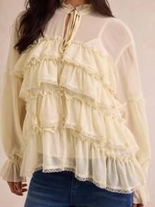 Enchnt Women's Solid Color Frill Trim Tie Neck Long Sleeve Multi-Layer Ruffle Elegant Blouse - Apricot - View 3