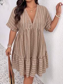 SHEIN Frenchy Women's Plus Size Deep V-Neck Short Sleeve Striped Textured Dress - Multicolor - View 1