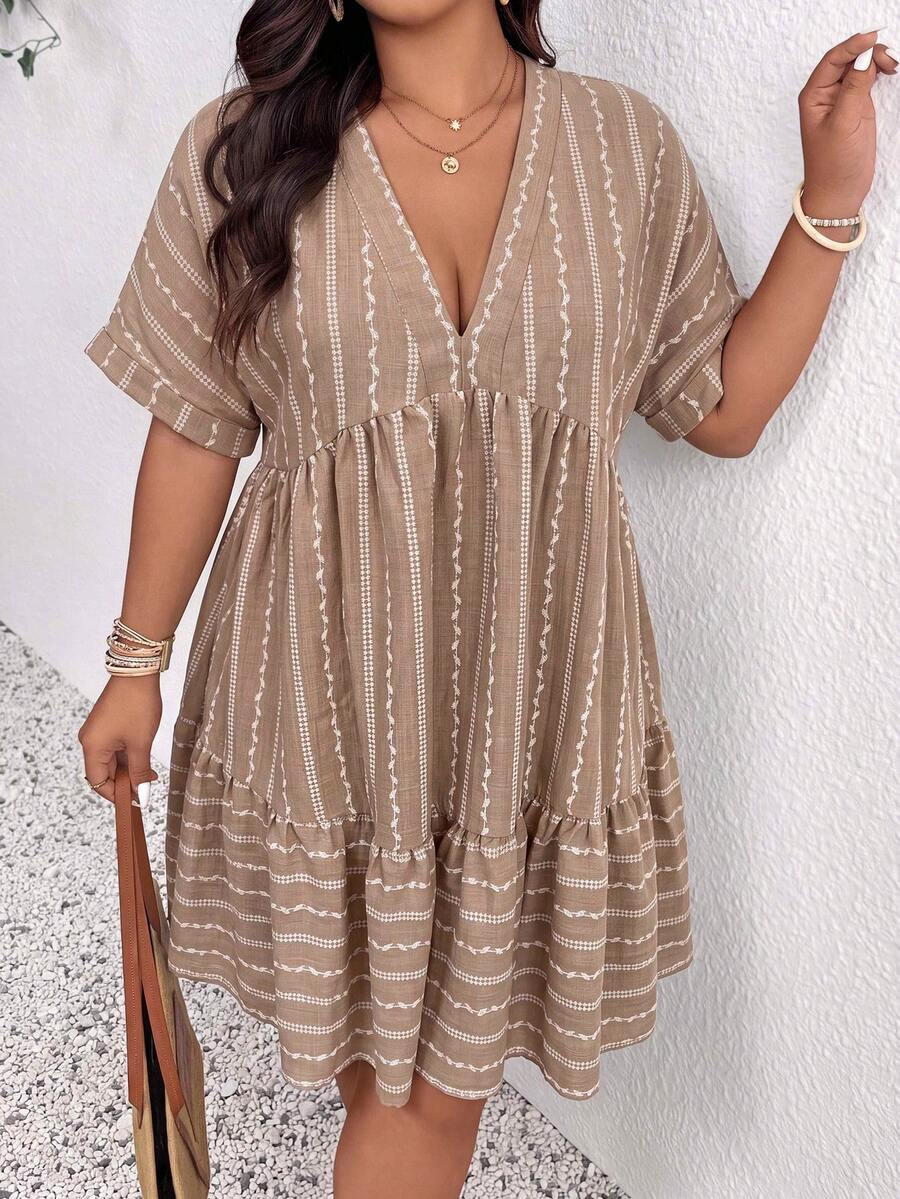 SHEIN Frenchy Women's Plus Size Deep V-Neck Short Sleeve Striped Textured Dress - Multicolor - View 1