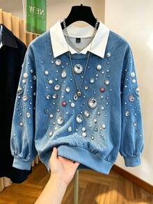 SHEIN LUNE 女款牛仔效果水鑽印花二合一長袖運動衫 - 藍色 - 查看 8