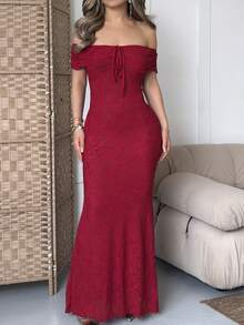 Jemour Off Shoulder Burgundy Textured Extra Long Mermaid Hem Dress, Red Summer Lace Casual Elegant - Red - View 3