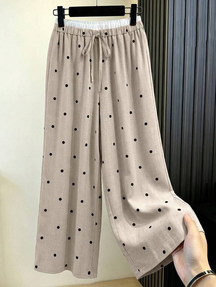 GlowEve CURVE Plus Size Women Polka Dot Print Double Waistband Wide Leg Pants Fall - Black and White - View 7