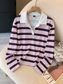 Muvela Women's Collared Long Sleeve Pink And Purple Striped Casual Preppy T-Shirt School Fall - Multicolor - View 3